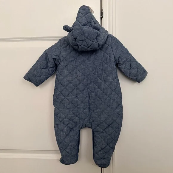 Baby Quilted Chambray Bear One-Piece Size 6M- 12M Blue Cozy Infant Winter Fall - Picture 4 of 8